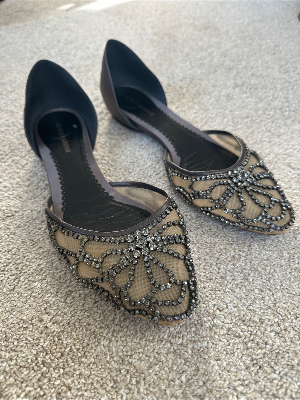 Giorgio Armani Beige Mesh Pointed D'Orsay Flats with Crystal Embellishments
